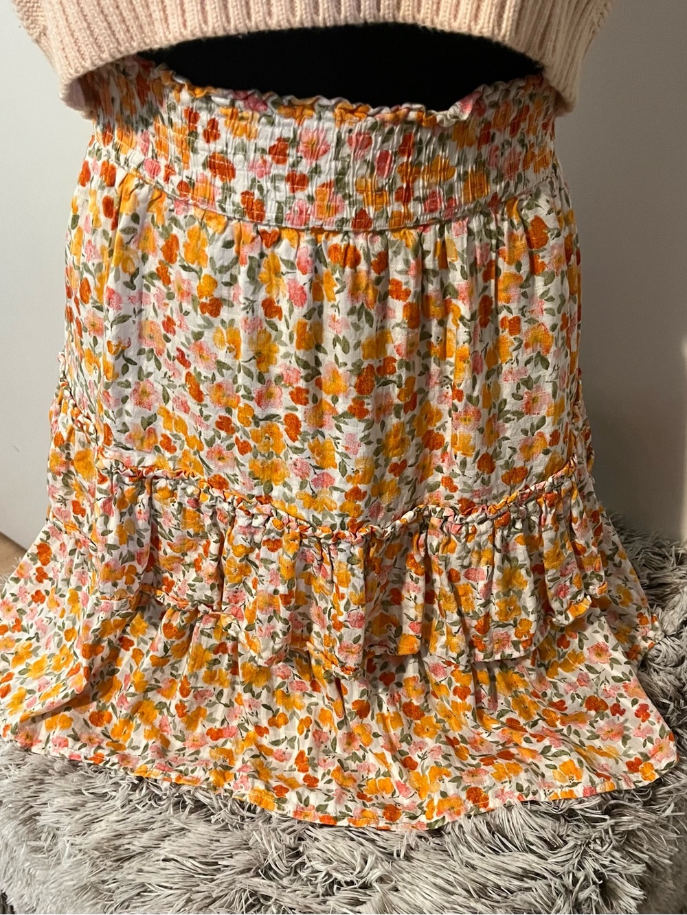 LOFT Cream Floral Smocked Tiered Skirt with Yellow & Pink Flowers